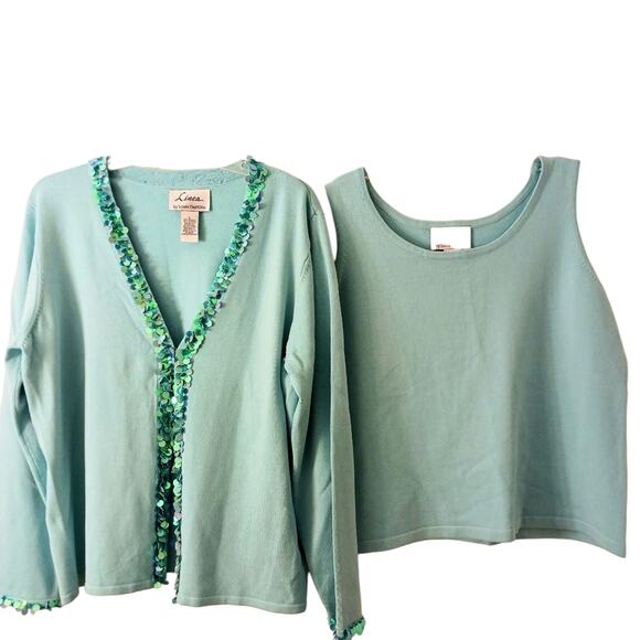 Linea 3 Pc Formal Cardigan Sweater Set Sz L AQUA SKY BLUE Sequins Knit was $350 - Picture 12 of 16